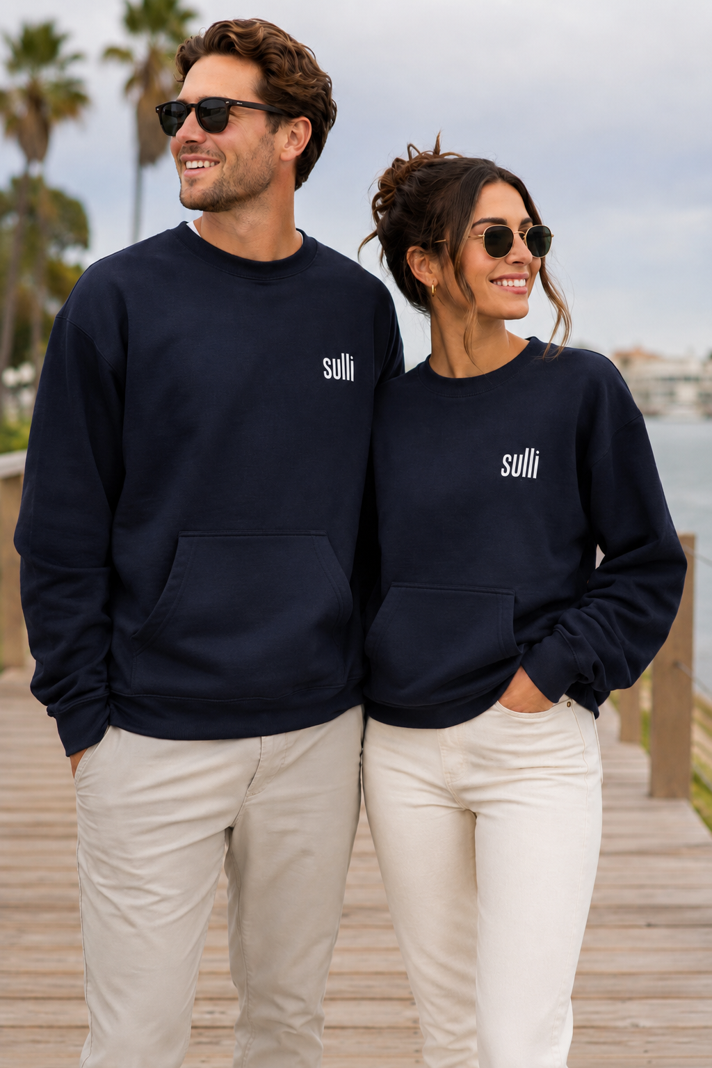 A man and a woman standing together on a wooden boardwalk outdoors, both wearing matching navy crewneck sweatshirts with the white 'sulli' logo on the left chest and light beige pants.