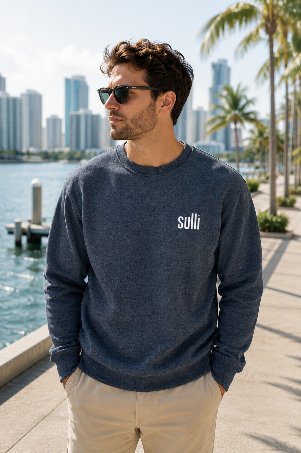 A man wearing a navy blue crewneck sweatshirt with the brand name 'sulli' printed in white on the left chest, standing outdoors near a waterfront with palm trees and a city skyline in the background.