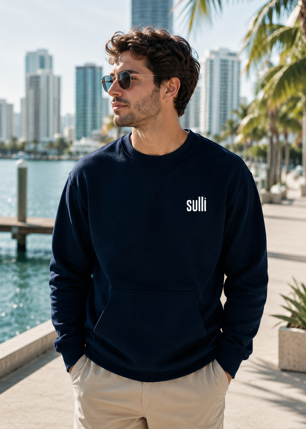 A man wearing a navy blue crewneck sweatshirt with the word 'sulli' printed in white on the left chest, paired with beige pants, standing outdoors near a waterfront with a city skyline and palm trees in the background.