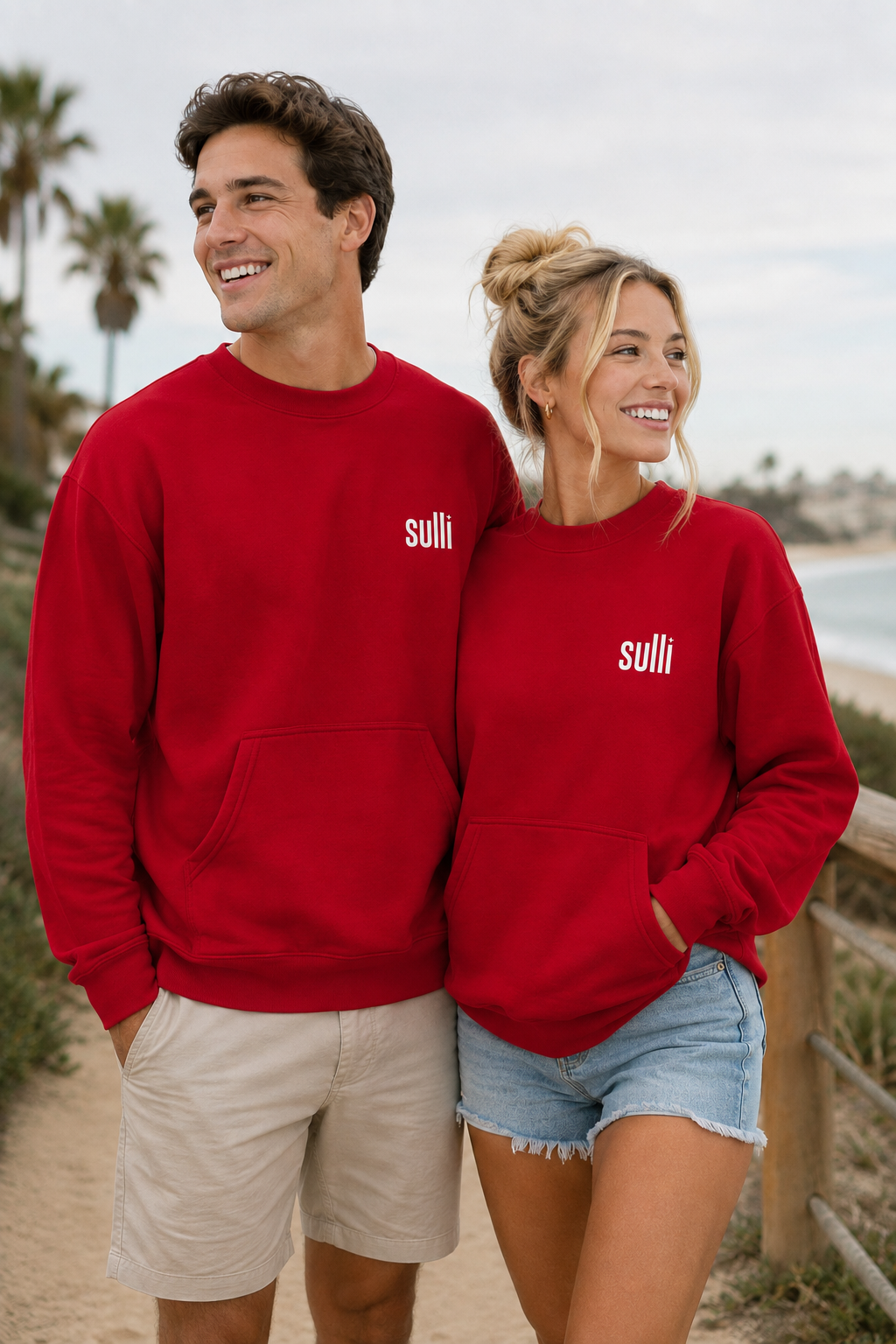 A man and a woman standing together outdoors near a beach, wearing matching red crewneck sweatshirts with the white 'sulli' logo on the left chest.