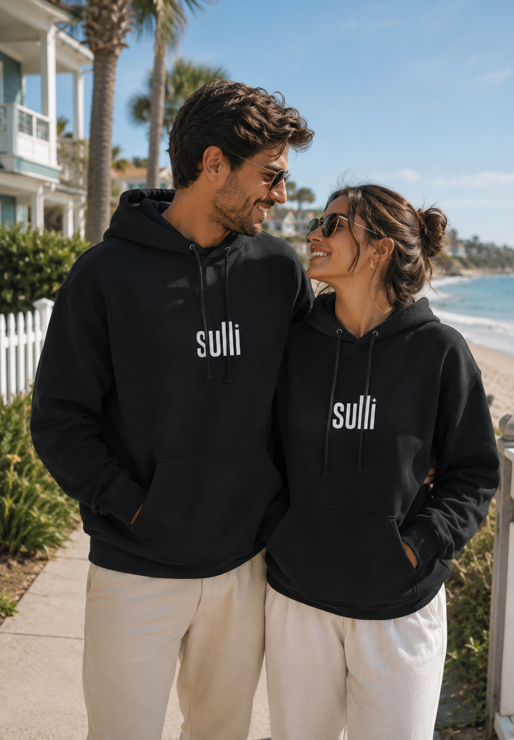 A man and a woman standing together on a beach walkway, both wearing matching black hoodies with the brand name 'sulli' printed in white on the chest, paired with off-white sweatpants.