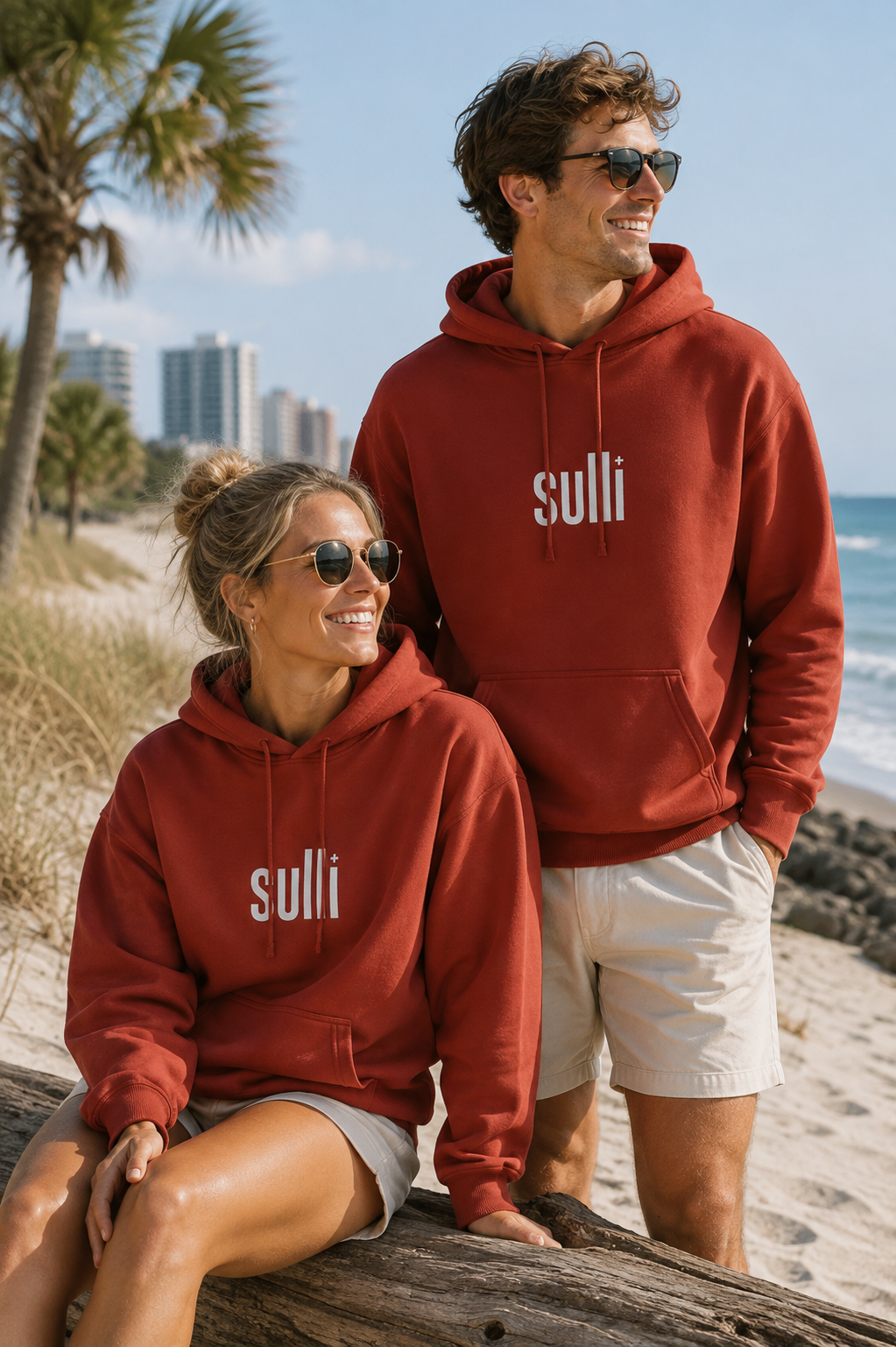A man and a woman wearing matching rust-red hoodies with the brand name 'sulli' printed in white on the chest, posed on a sandy beach with palm trees and the ocean in the background.